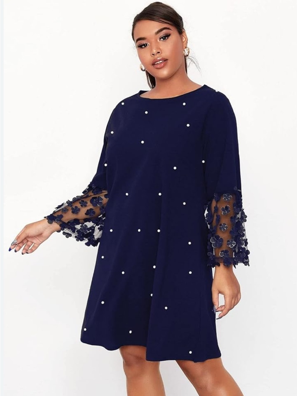 Plus Navy Pearl-Accent A-Line Midi Dress with Floral Mesh Sleeves